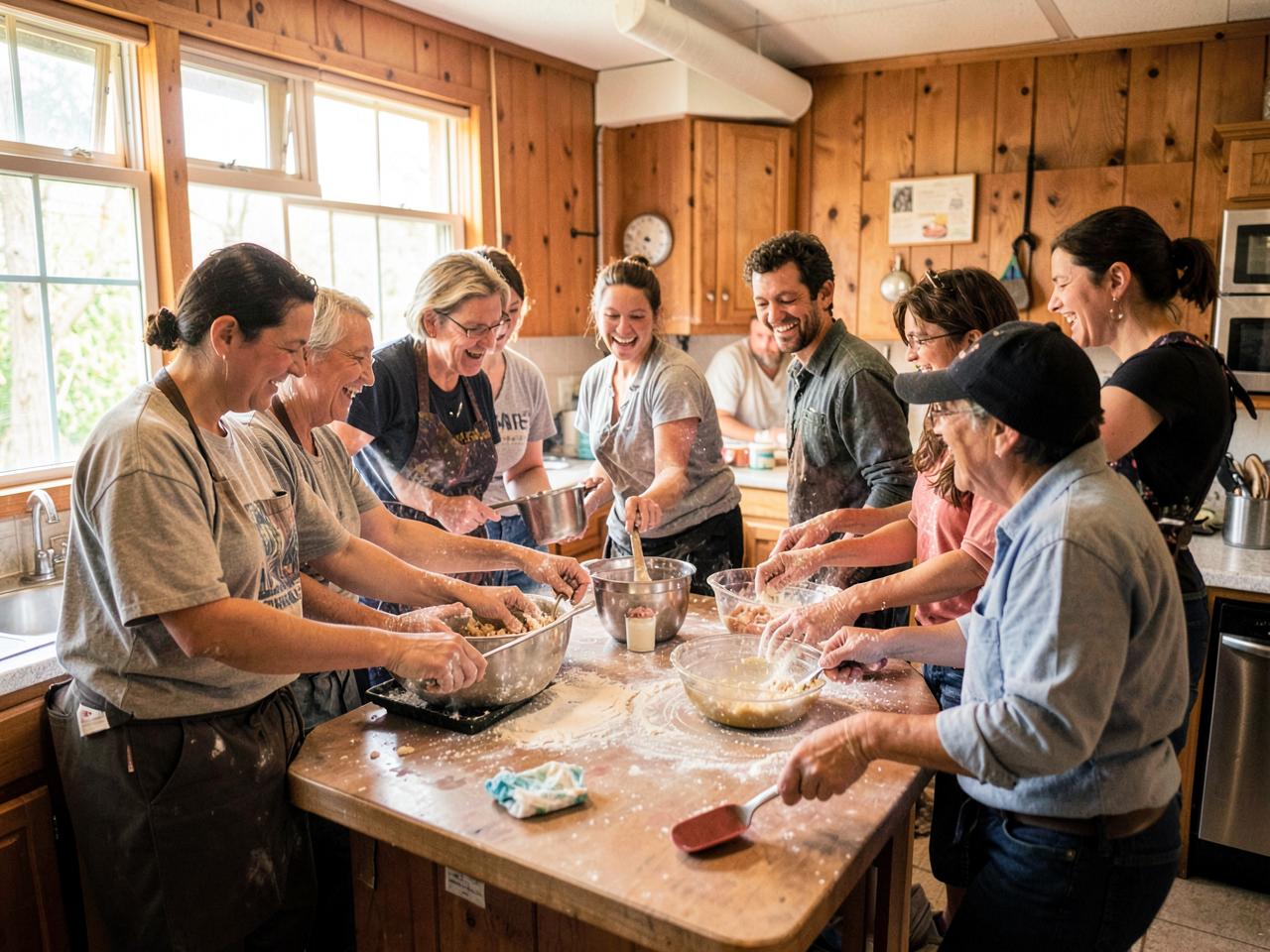 Residents and caregivers cooking together in a Momma's Cove kitchen
